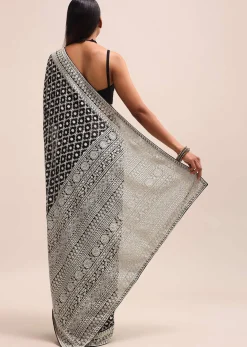 Black Georgette Chikankari Saree With Unstitiched Blouse