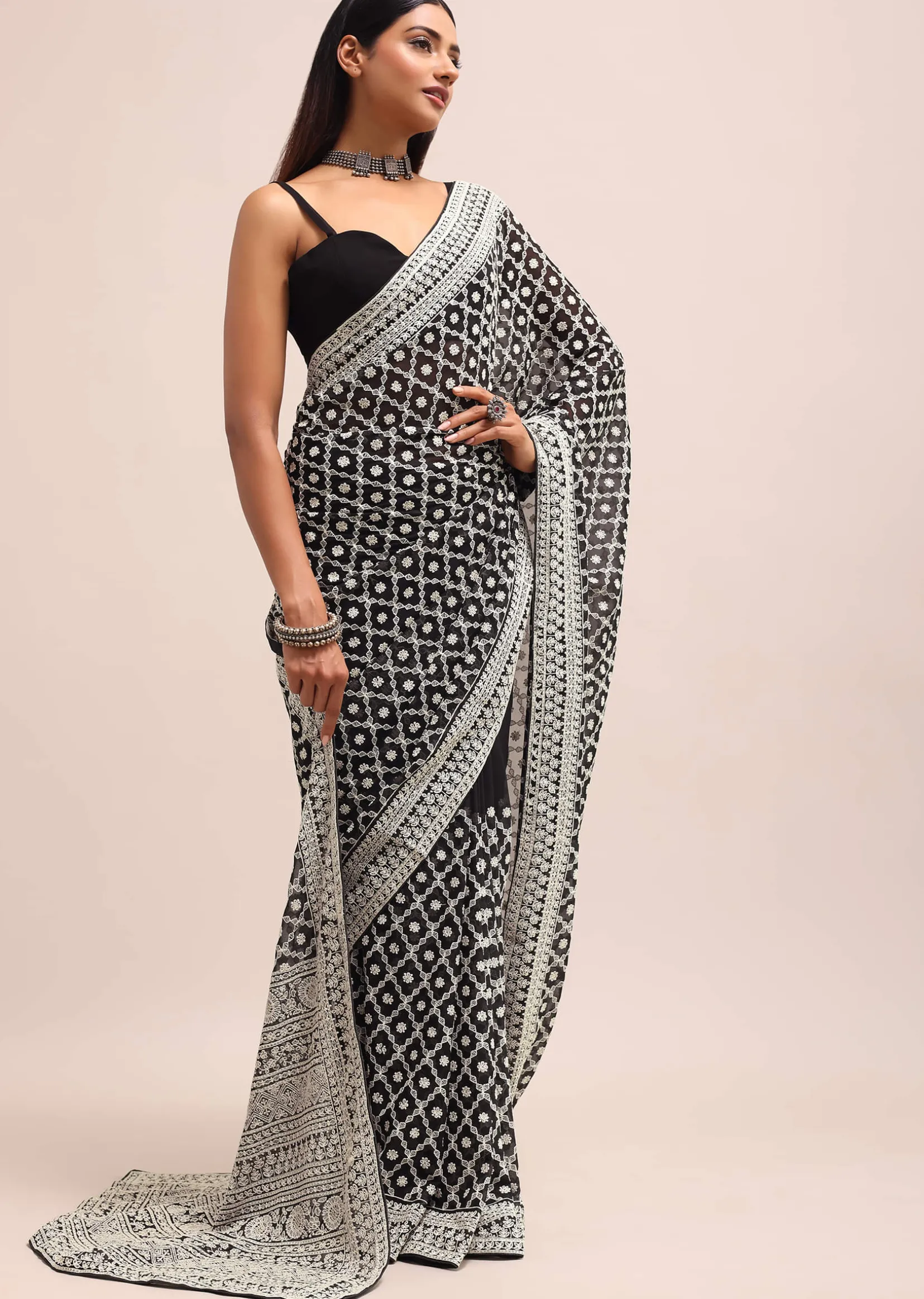 Black Georgette Chikankari Saree With Unstitiched Blouse
