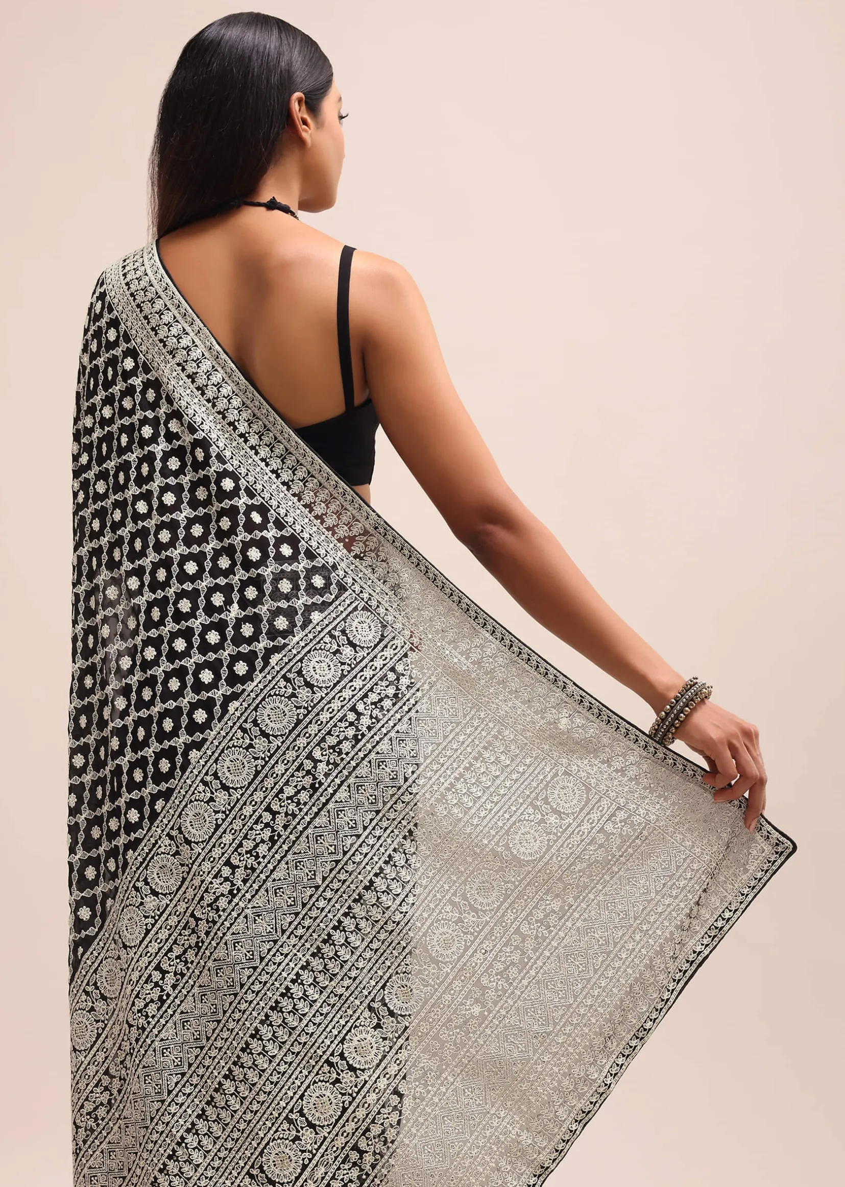 Black Georgette Chikankari Saree With Unstitiched Blouse