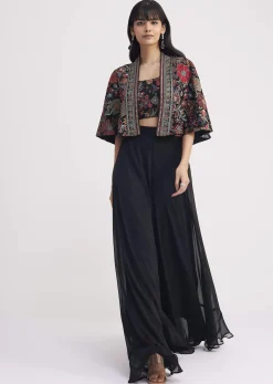 Black Georgette Croptop Palazzo With Sequin Work Cape
