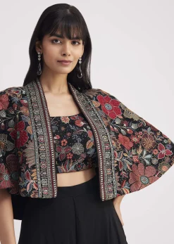 Black Georgette Croptop Palazzo With Sequin Work Cape