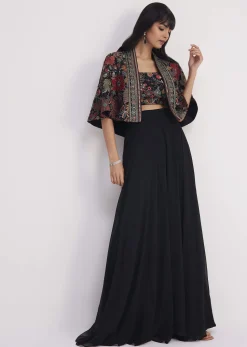 Black Georgette Croptop Palazzo With Sequin Work Cape