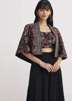 Black Georgette Croptop Palazzo With Sequin Work Cape
