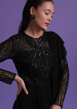 Black Georgette Gown With Attached Drape Adorned With Cut Dana Work