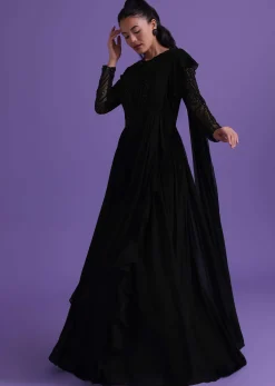 Black Georgette Gown With Attached Drape Adorned With Cut Dana Work