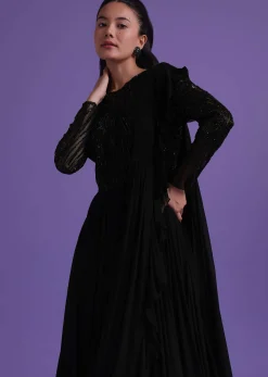 Black Georgette Gown With Attached Drape Adorned With Cut Dana Work