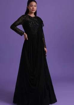 Black Georgette Gown With Attached Drape Adorned With Cut Dana Work