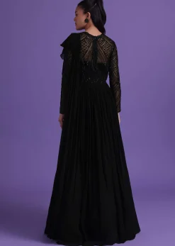 Black Georgette Gown With Attached Drape Adorned With Cut Dana Work