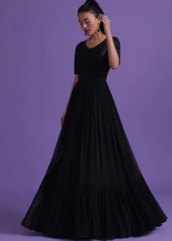 Black Georgette Gown With Cut Dana, Sequins, And Bead Work