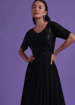 Black Georgette Gown With Cut Dana, Sequins, And Bead Work