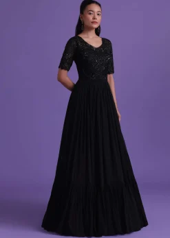 Black Georgette Gown With Cut Dana, Sequins, And Bead Work