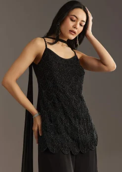 Black Georgette Kurta With Cut Dana And Moti Work And Tassel Dupatta