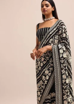 Black Georgette Parsi Gara Saree With Unstitched Blouse