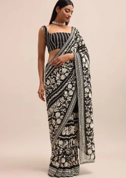 Black Georgette Parsi Gara Saree With Unstitched Blouse
