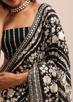 Black Georgette Parsi Gara Saree With Unstitched Blouse
