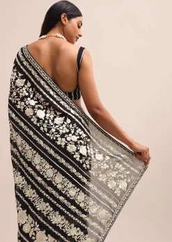 Black Georgette Parsi Gara Saree With Unstitched Blouse