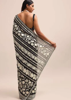 Black Georgette Parsi Gara Saree With Unstitched Blouse