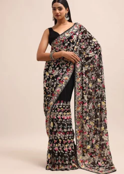 Black Georgette Parsi Gara Multi Color Saree With Unstitched Blouse