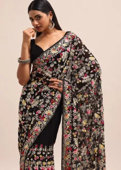 Black Georgette Parsi Gara Multi Color Saree With Unstitched Blouse