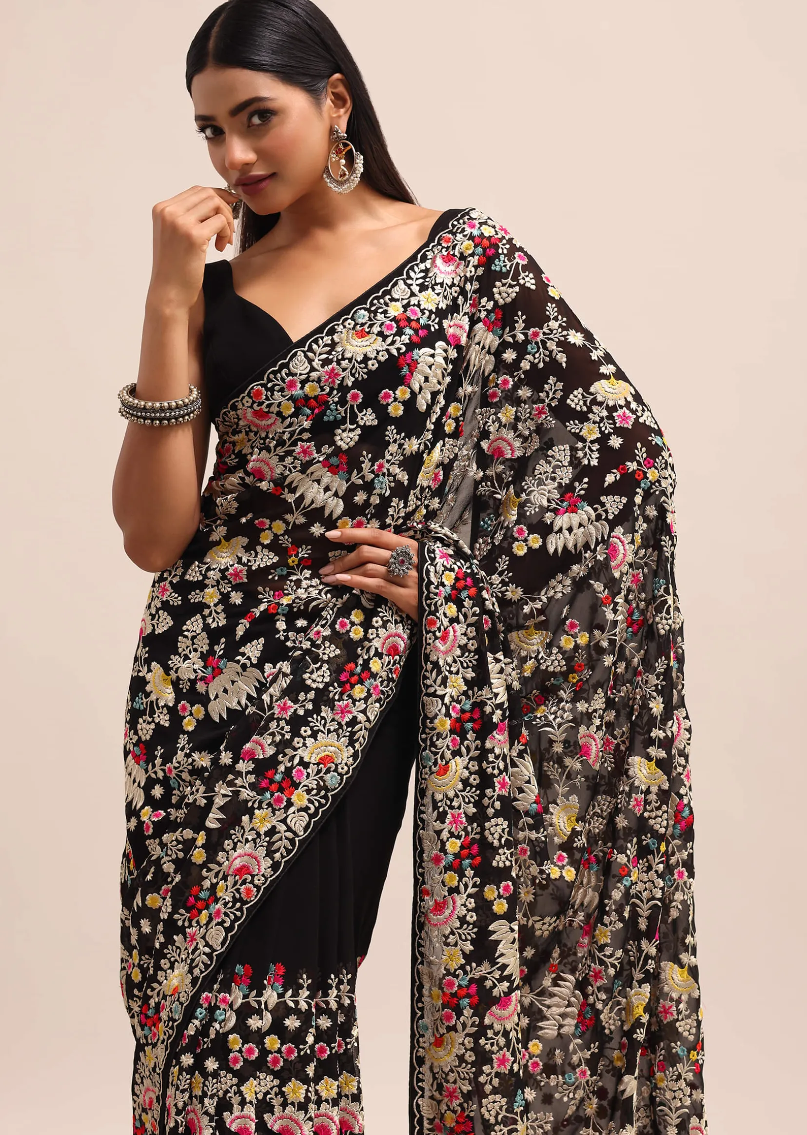 Black Georgette Parsi Gara Multi Color Saree With Unstitched Blouse