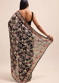 Black Georgette Parsi Gara Multi Color Saree With Unstitched Blouse