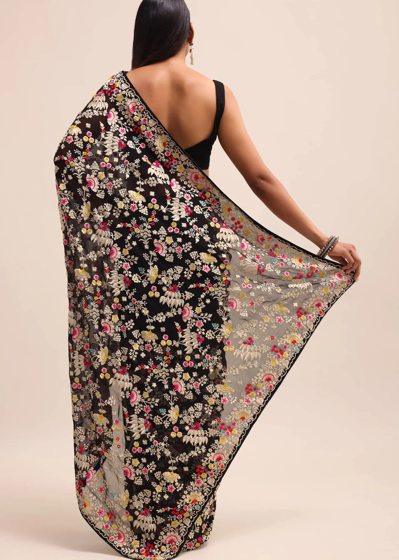 Black Georgette Parsi Gara Multi Color Saree With Unstitched Blouse