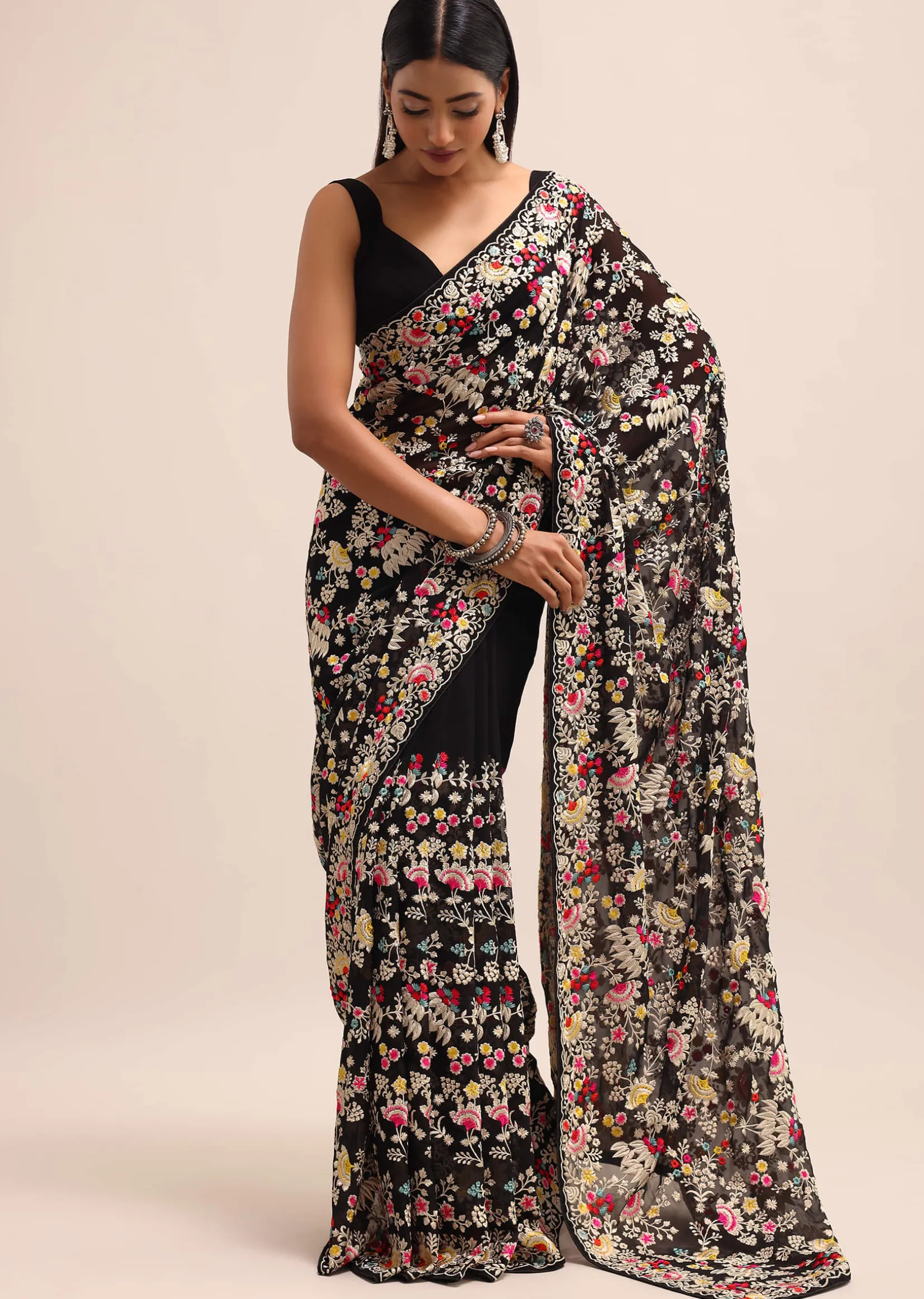 Black Georgette Parsi Gara Multi Color Saree With Unstitched Blouse