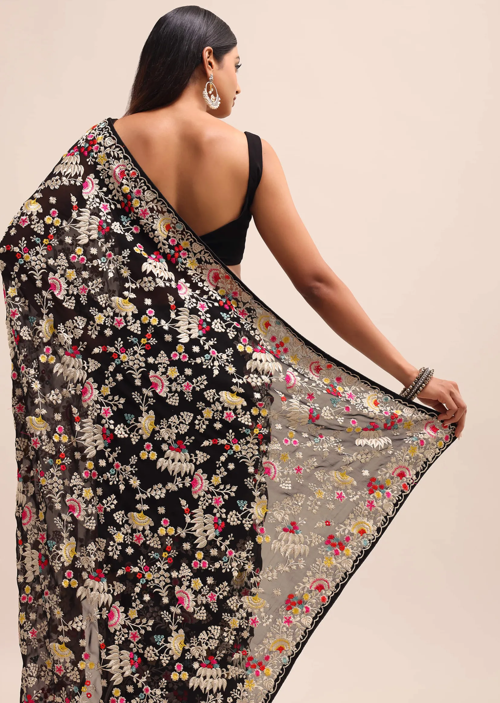Black Georgette Parsi Gara Multi Color Saree With Unstitched Blouse