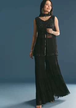 Black Georgette Peplum Kurta Sharara Set With Beads And Sequins