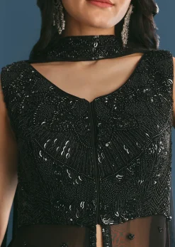 Black Georgette Peplum Kurta Sharara Set With Beads And Sequins
