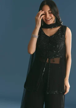 Black Georgette Peplum Kurta Sharara Set With Beads And Sequins