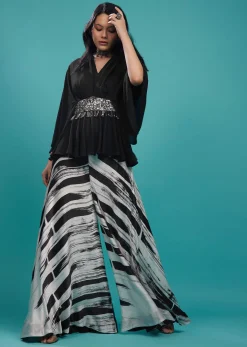 Black Georgette Top With White And Black Striped Palazzo In Satin