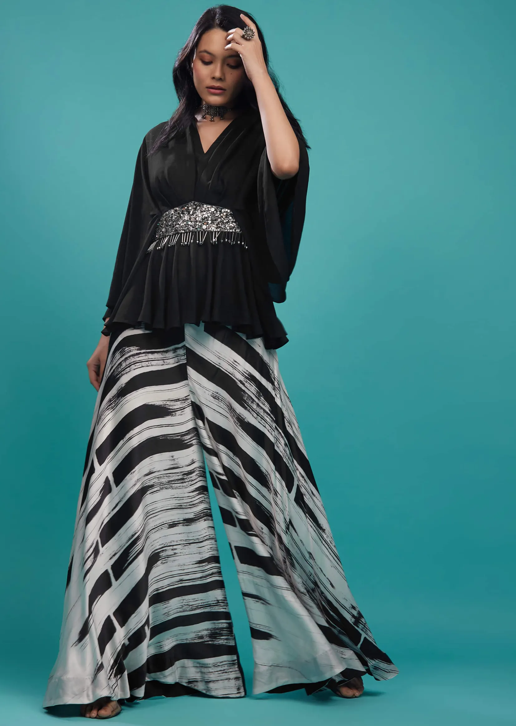 Black Georgette Top With White And Black Striped Palazzo In Satin
