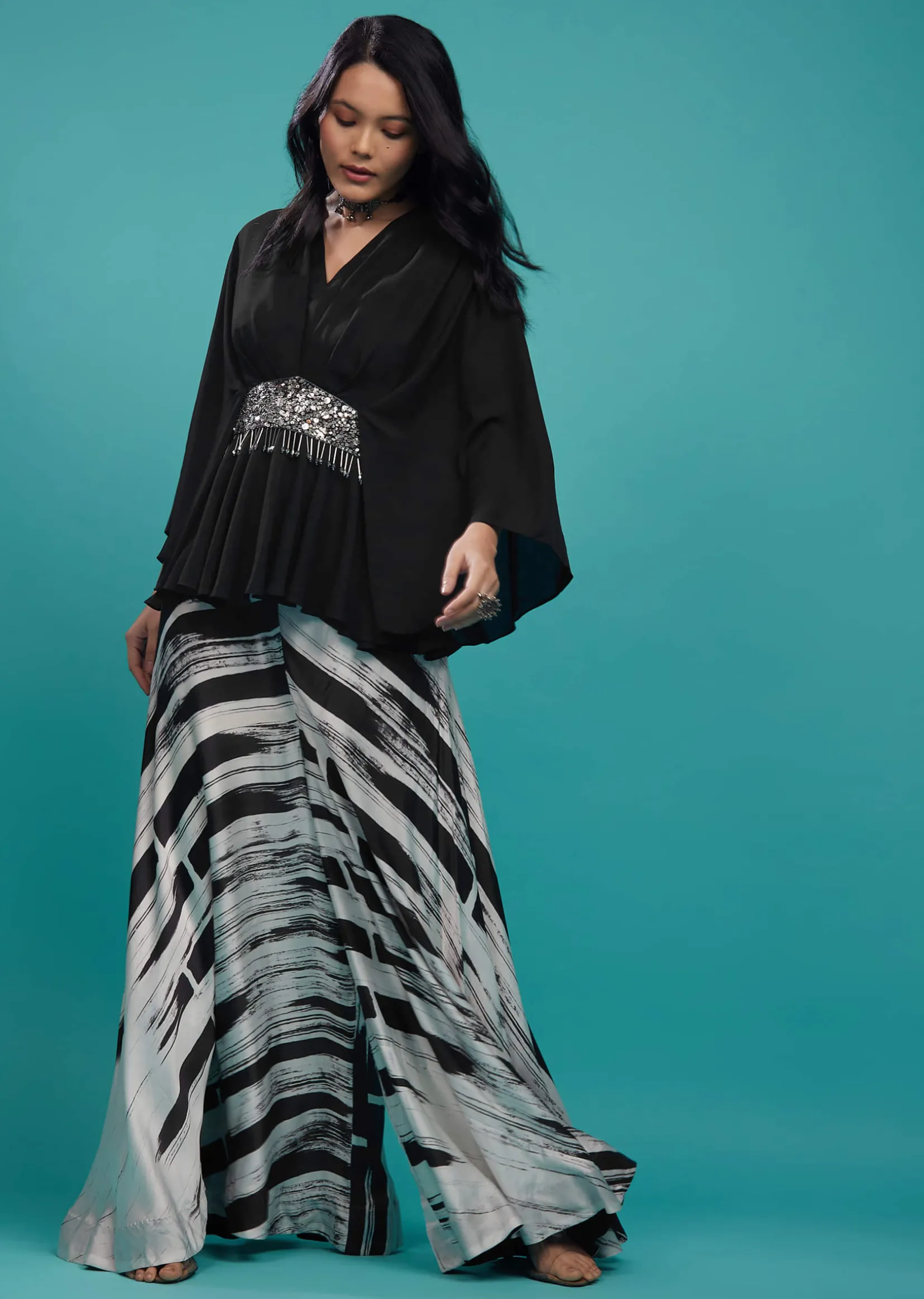 Black Georgette Top With White And Black Striped Palazzo In Satin