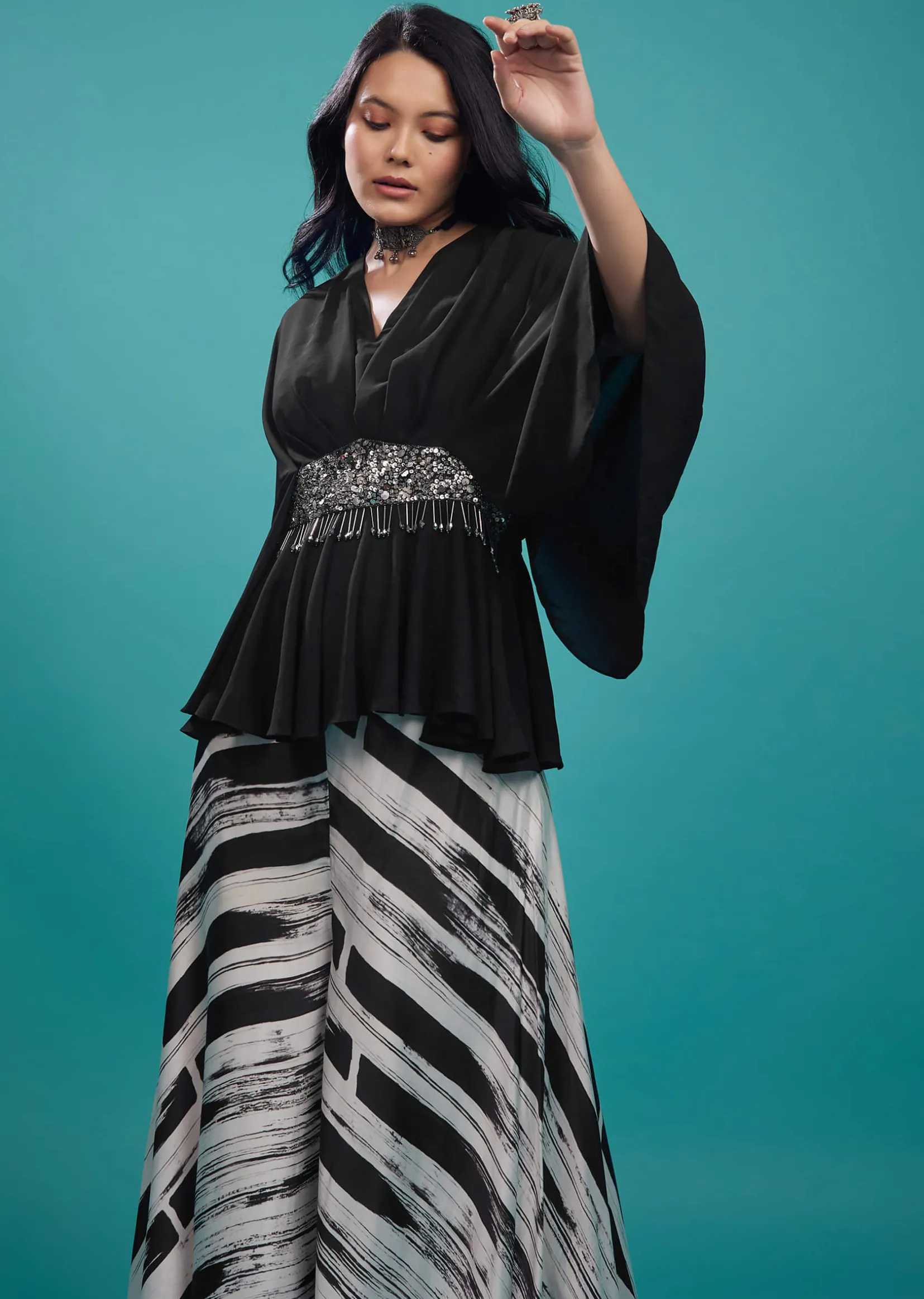 Black Georgette Top With White And Black Striped Palazzo In Satin