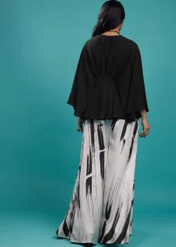Black Georgette Top With White And Black Striped Palazzo In Satin