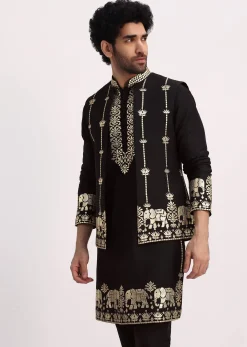 Black Gold Foil Apllique Work Kurta Jacket Set