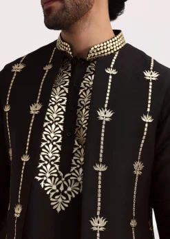 Black Gold Foil Apllique Work Kurta Jacket Set