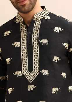 Black Gold Foil Applique Motifs Work Kurta Set