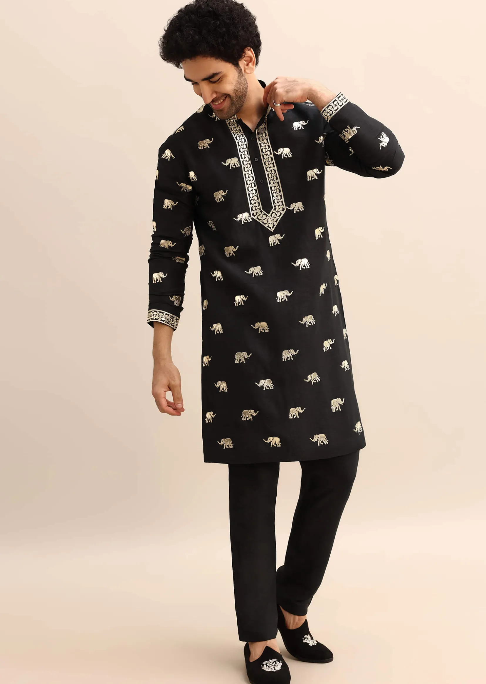 Black Gold Foil Applique Motifs Work Kurta Set