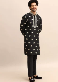 Black Gold Foil Applique Motifs Work Kurta Set