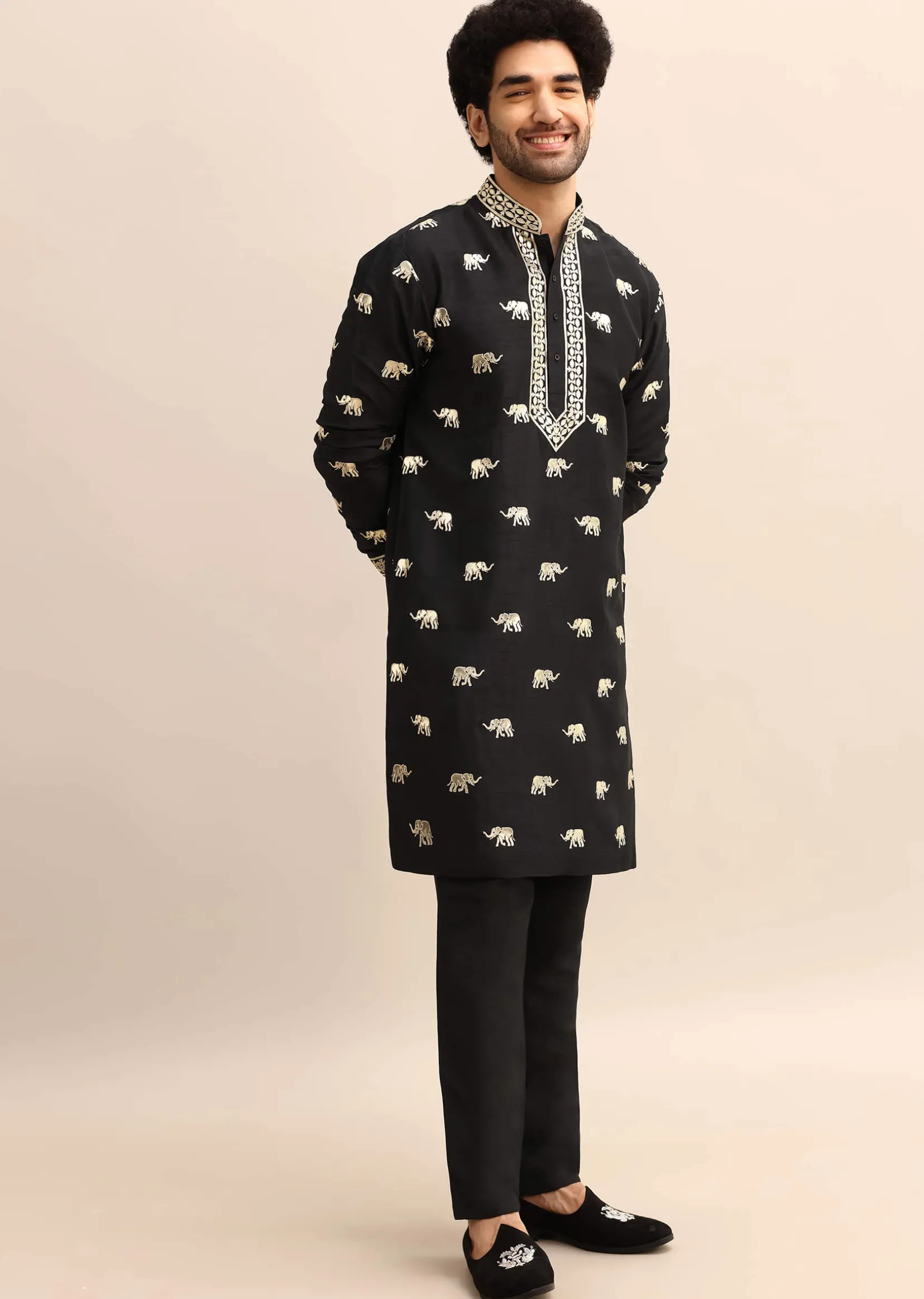 Black Gold Foil Applique Motifs Work Kurta Set