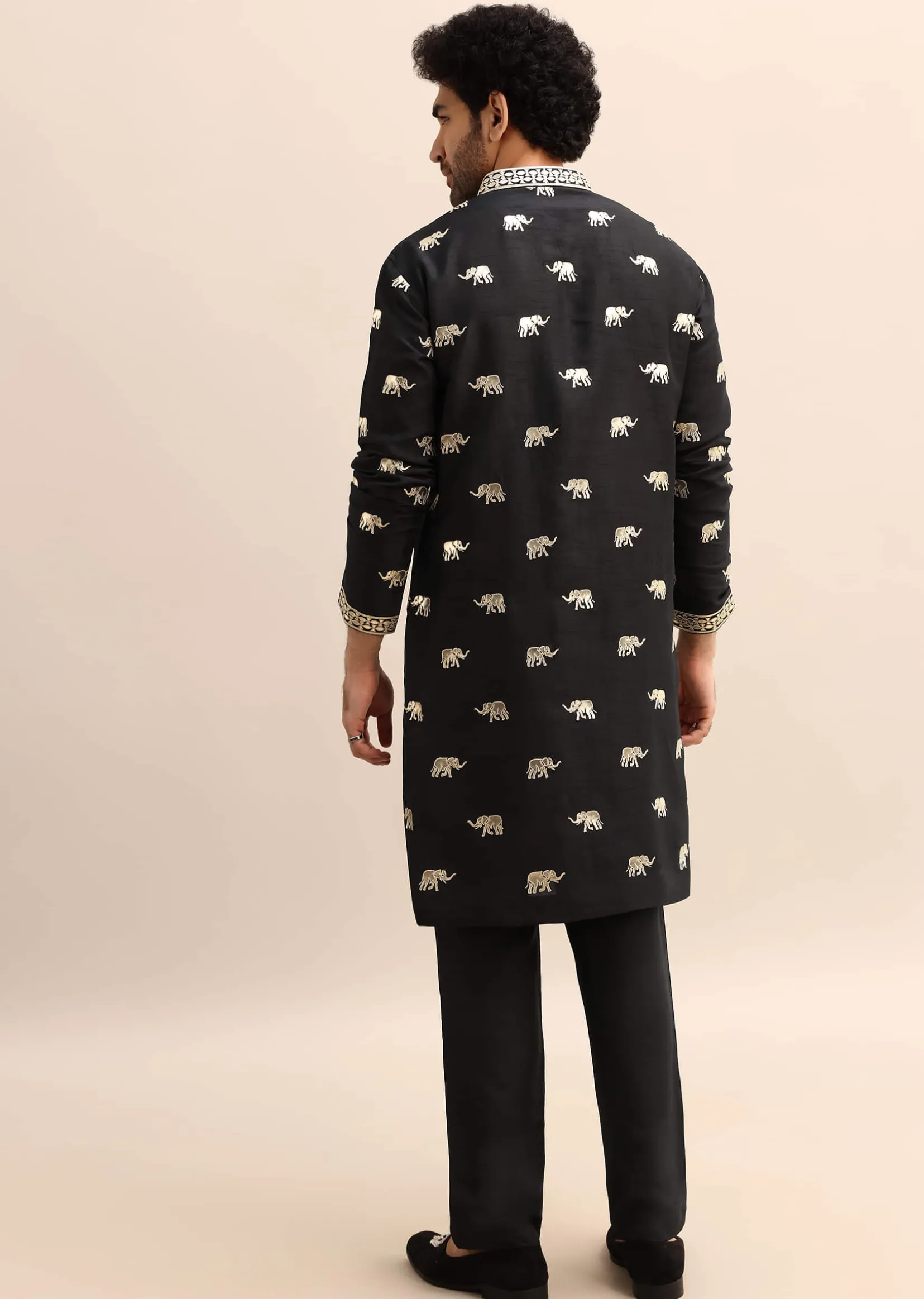 Black Gold Foil Applique Motifs Work Kurta Set