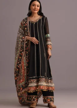Black Gotta Work Anarkali Suit With Printed Dupatta