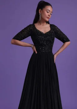 Black Gown In Chinon With Cut Dana, Beads, And Sequins Work
