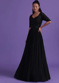 Black Gown In Chinon With Cut Dana, Beads, And Sequins Work