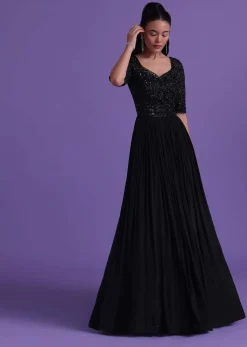 Black Gown In Chinon With Cut Dana, Beads, And Sequins Work