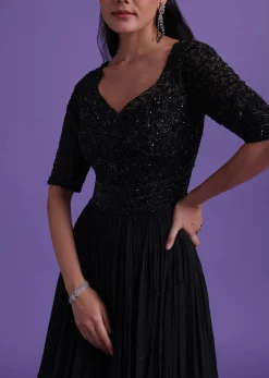 Black Gown In Chinon With Cut Dana, Beads, And Sequins Work