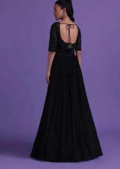 Black Gown In Chinon With Cut Dana, Beads, And Sequins Work