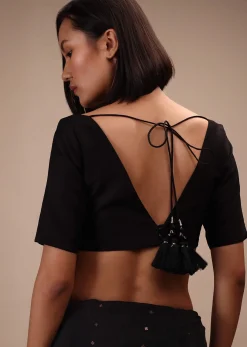 Black Half Sleeves Blouse In Curved V-Neckline Tie-Up Tassel Dori With Back Hook Closure